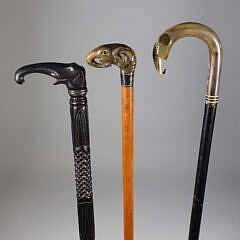 Three Vintage Animal Grip Canes on Wood Shafts