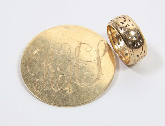 14K Yellow Gold Pierced Design Ring and Round Gold Monogrammed Pin