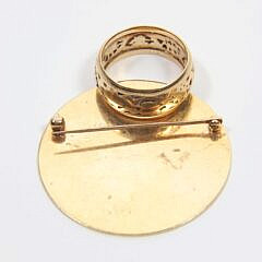 14K Yellow Gold Pierced Design Ring and Round Gold Monogrammed Pin