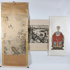 Three Asian Scrolls of Landscape, Harbor and Empress