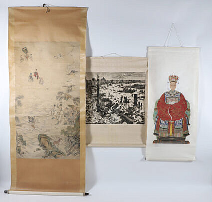 Three Asian Scrolls of Landscape, Harbor and Empress