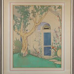Watercolor Gouache and Pastel Painting of a Shaded Doorway with Clipper Ship Half Round Window