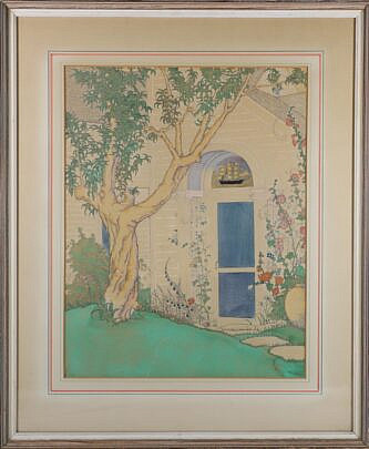 Watercolor Gouache and Pastel Painting of a Shaded Doorway with Clipper Ship Half Round Window