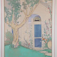 Watercolor Gouache and Pastel Painting of a Shaded Doorway with Clipper Ship Half Round Window