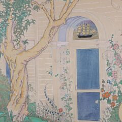 Watercolor Gouache and Pastel Painting of a Shaded Doorway with Clipper Ship Half Round Window