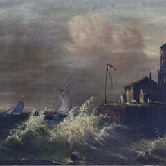 British Oil on Canvas “Stormy Seascape with Breakwater”