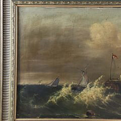 British Oil on Canvas “Stormy Seascape with Breakwater”