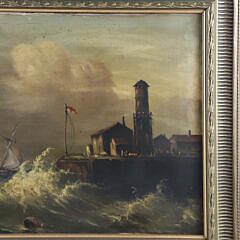 British Oil on Canvas “Stormy Seascape with Breakwater”