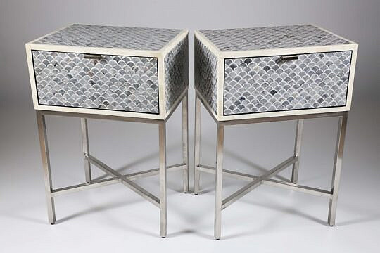 Pair of Contemporary Blue and White Bone "Fish Scale" Inlaid Side Tables