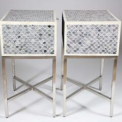 Pair of Contemporary Blue and White Bone “Fish Scale” Inlaid Side Tables