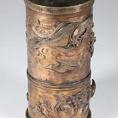 Japanese High Relief Bronze Cylinder, 19th Century