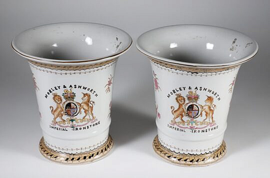 Pair of Asian Signed Underglaze Cache Pots with The Arms of Morley & Ashworth Imperial Ironstone