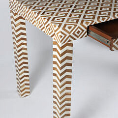 Fine Contemporary Teak Wood and Bone Inlaid Writing Table Desk with Drawer