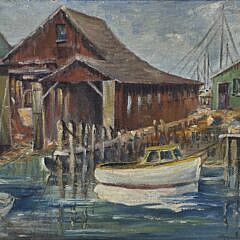 Antique Oil on Artists Board Harbor Wharf Impressionist Painting, 19th century