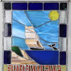 Vintage Sag Harbor Pictorial Sperm Whale Stained Glass Window, 20th century