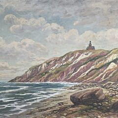 Antique T. Bailey Oil on Canvas Gay Head Lighthouse Painting, Oak Bluffs cliffside view