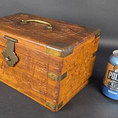 Antique Chinese Export Relief Carved Brass Bound Camphorwood Box