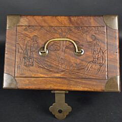 Antique Chinese Export Relief Carved Brass Bound Camphorwood Box