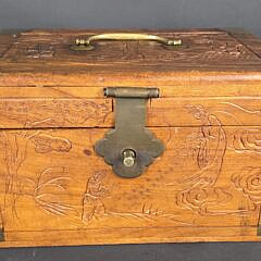 Antique Chinese Export Relief Carved Brass Bound Camphorwood Box