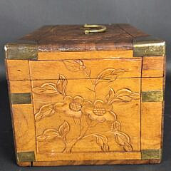 Antique Chinese Export Relief Carved Brass Bound Camphorwood Box