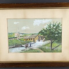 Antique American Country Homestead Watercolor Gouache Painting, 19th century