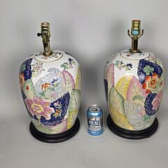 Pair of Chinese Export Style Tobacco Leaf Pattern Porcelain Lamps