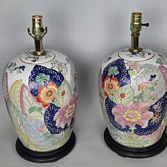 Pair of Chinese Export Style Tobacco Leaf Pattern Porcelain Lamps