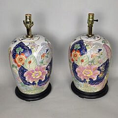 Pair of Chinese Export Style Tobacco Leaf Pattern Porcelain Lamps