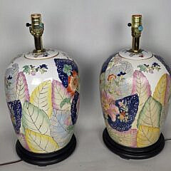 Pair of Chinese Export Style Tobacco Leaf Pattern Porcelain Lamps