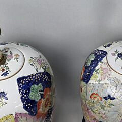 Pair of Chinese Export Style Tobacco Leaf Pattern Porcelain Lamps