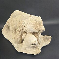 Antique Inuit Fossilized Whale Bone Carved Polar Bear Sculpture, 19th century