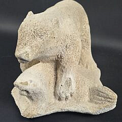Antique Inuit Fossilized Whale Bone Carved Polar Bear Sculpture, 19th century