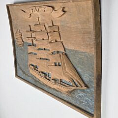 Vintage Relief Carved and Painted Ship Portrait Wall Plaque “Faith”, 20th century