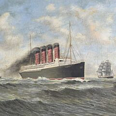 Antique Oil on Canvas Ship Portrait, “Mauretania” Painting, 19th century
