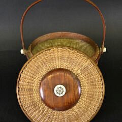 Vintage Covered Nantucket Swing Handle Basket, late 20th century