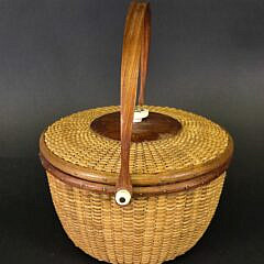 Vintage Covered Nantucket Swing Handle Basket, late 20th century