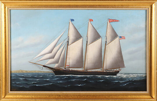 Samuel Finey Morse Badger Oil on Canvas "Portrait of a Three-Masted Clipper Ship off a Headland"