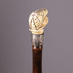 Carved Monkey Wearing a Jockey’s Hat Grip Walking Stick, 19th Century