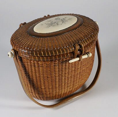 Susan Chase Nantucket Friendship Basket with Scrimshaw Roses on the Lid