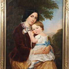 19th Century Oil on Canvas Portrait of a Mother Holding a Child in a White Dress with Blue Bow