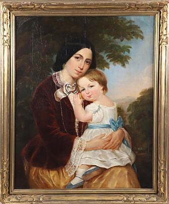 19th Century Oil on Canvas Portrait of a Mother Holding a Child in a White Dress with Blue Bow