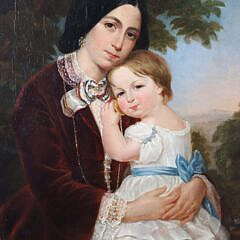 Oil on Canvas Portrait of Mother and Child, 19th Century