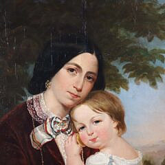 Oil on Canvas Portrait of Mother and Child, 19th Century