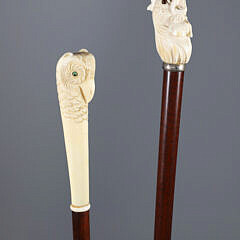 Two Carved Bird Head Grip Walking Sticks, 19th Century