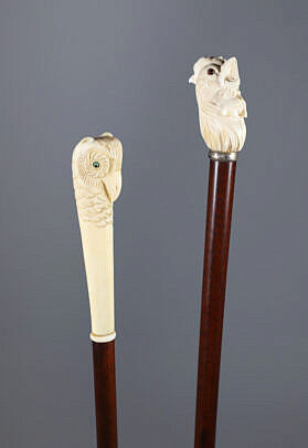 Two Carved Bird Head Grip Walking Sticks, 19th Century