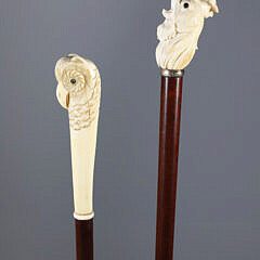 Two Sticks: Carved Parrot Head and Rooster Grip Walking Sticks, 19th Century