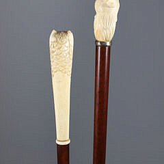 Two Sticks: Carved Parrot Head and Rooster Grip Walking Sticks, 19th Century
