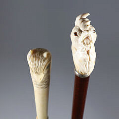 Two Sticks: Carved Parrot Head and Rooster Grip Walking Sticks, 19th Century