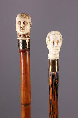 Two Carved Bust of Gentlemen Walking Sticks, 19th Century