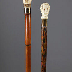 Two Carved Gentlemen Bust Grip Walking Sticks, 19th Century